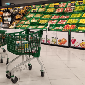 Foto real de la sección de frutería de un Mercadona con carros de compra en primer plano