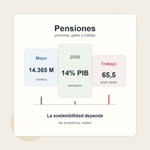 Gráfico editorial sobre pensiones, gasto público y edad de jubilación en España