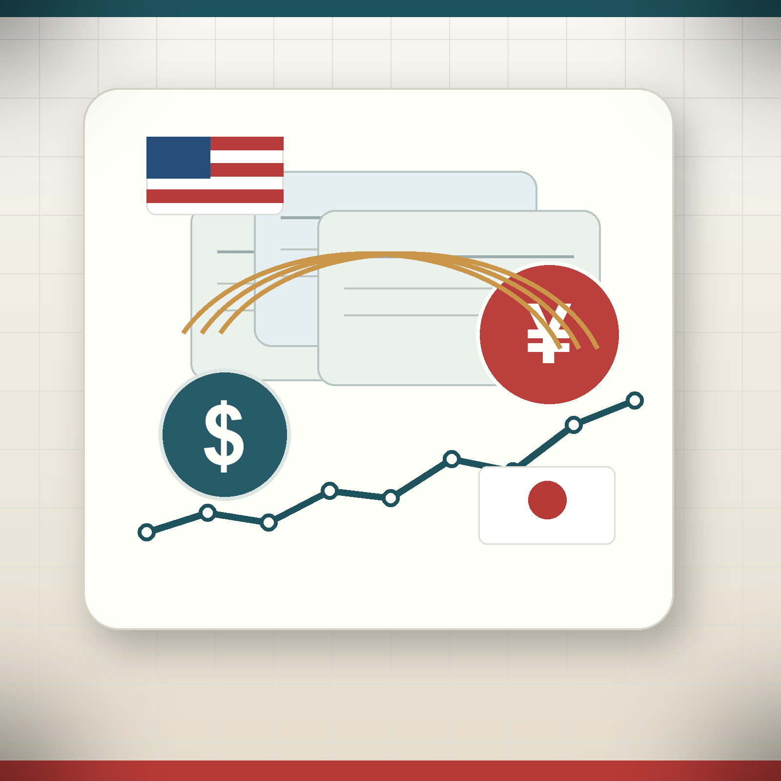 Ilustración cuadrada con bonos, símbolo del dólar, símbolo del yen y línea ascendente de tipos de interés