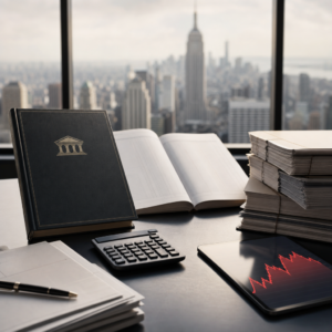 Mesa de análisis financiero con documentos presupuestarios, calculadora y gráfico rojo en una tableta