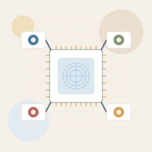 Ilustración editorial de una oblea de semiconductores conectada con varios nodos que representan la dependencia física de la inteligencia artificial