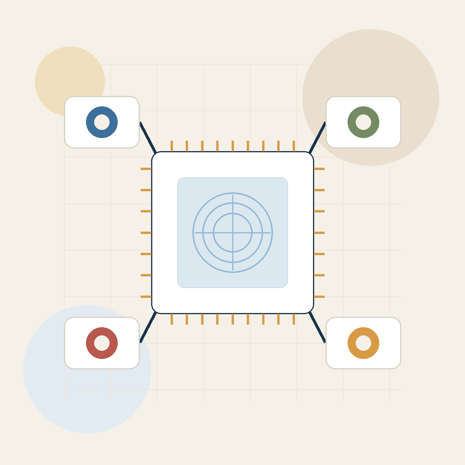 Ilustración editorial de una oblea de semiconductores conectada con varios nodos que representan la dependencia física de la inteligencia artificial
