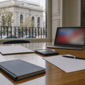 Mesa de oficina con documentos financieros, calculadora y portátil desenfocado para representar deuda y mercados de bonos