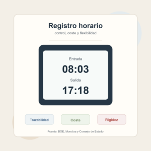 Gráfico editorial sobre registro horario digital, costes de cumplimiento y flexibilidad laboral