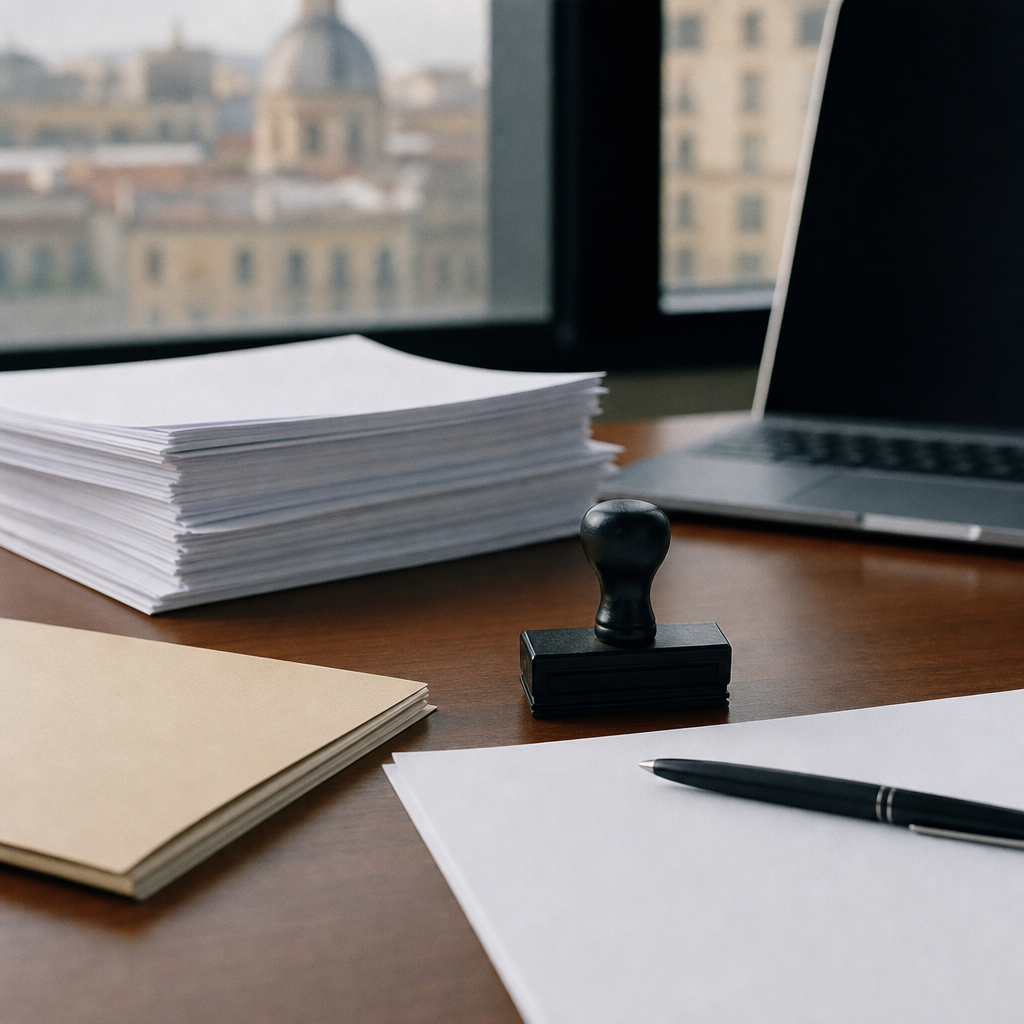 Mesa de oficina con formularios, carpeta y portátil para representar regulación y burocracia empresarial