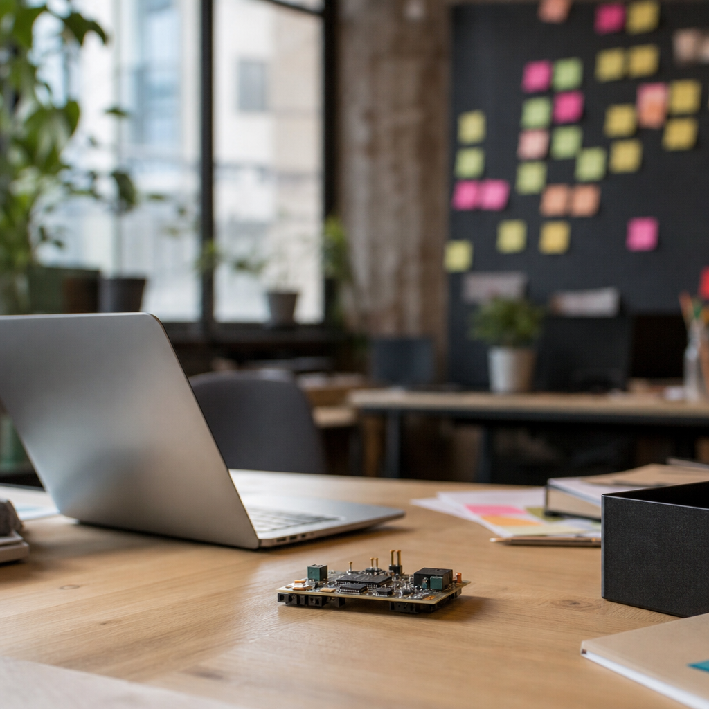 Espacio de trabajo de startup con portátil y prototipo para representar inversión y crecimiento empresarial