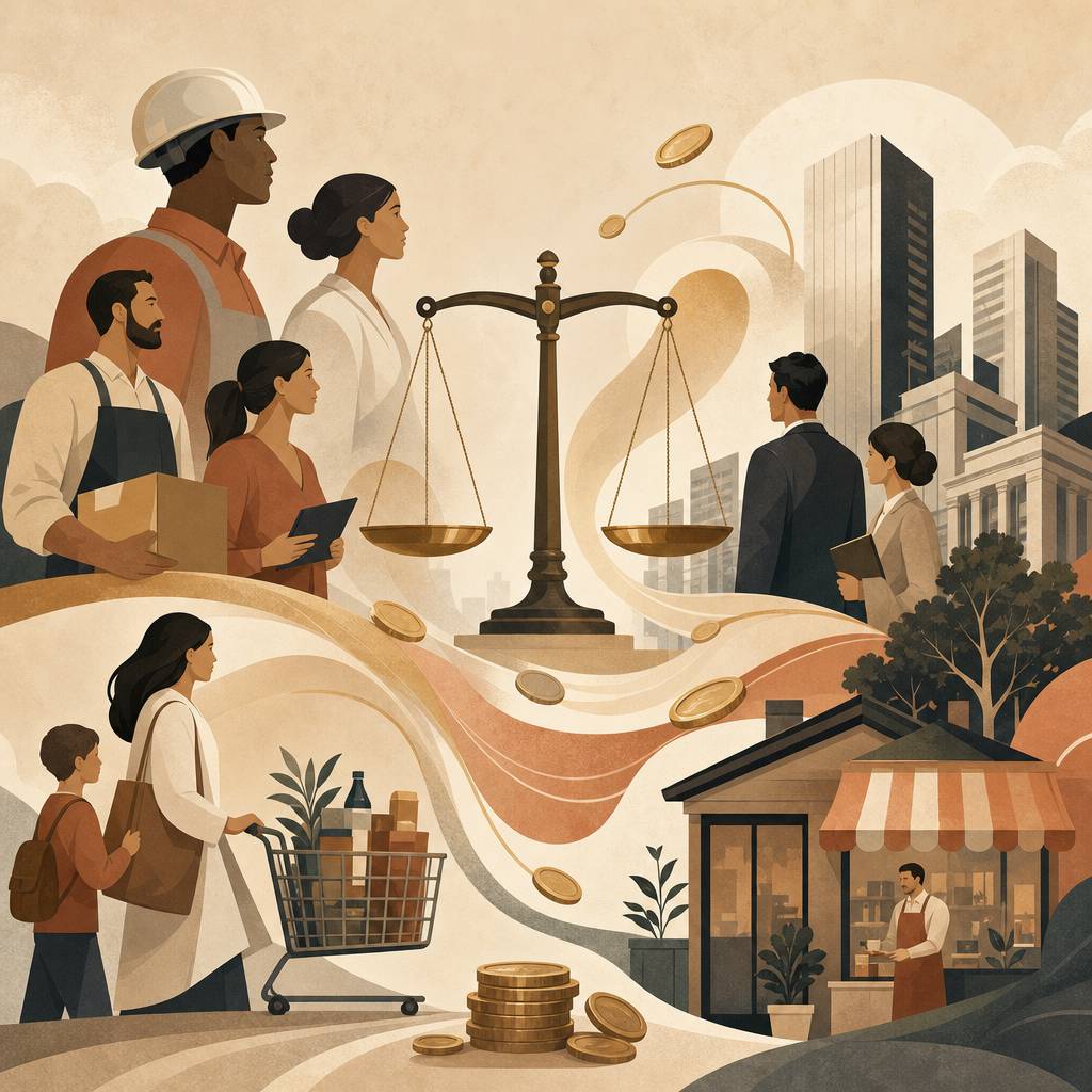 Ilustración editorial sobre trabajadores, consumidores y empresas soportando la carga fiscal