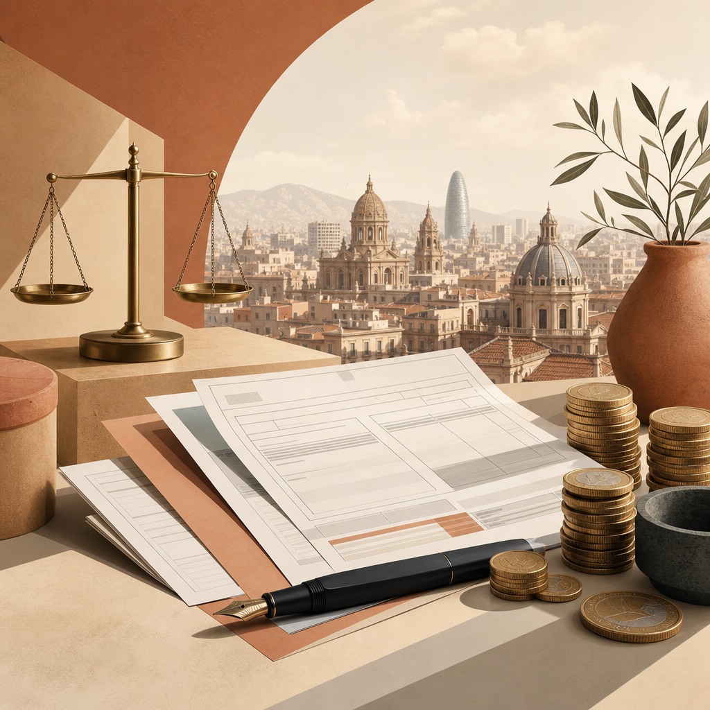 Ilustración editorial sobre impuestos en España, nóminas, consumo y libertad económica