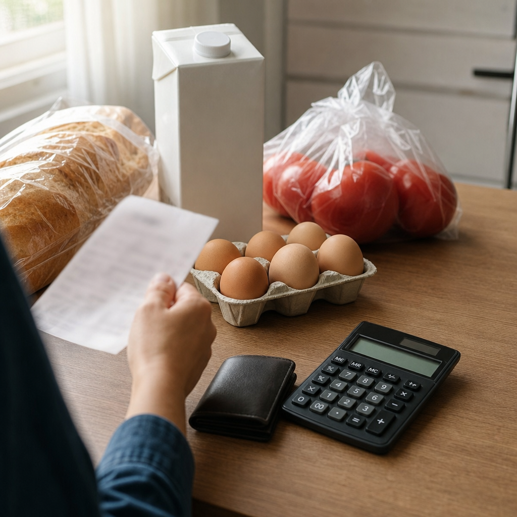 Compra cotidiana con recibo, cartera y calculadora para representar inflación y pérdida de poder adquisitivo
