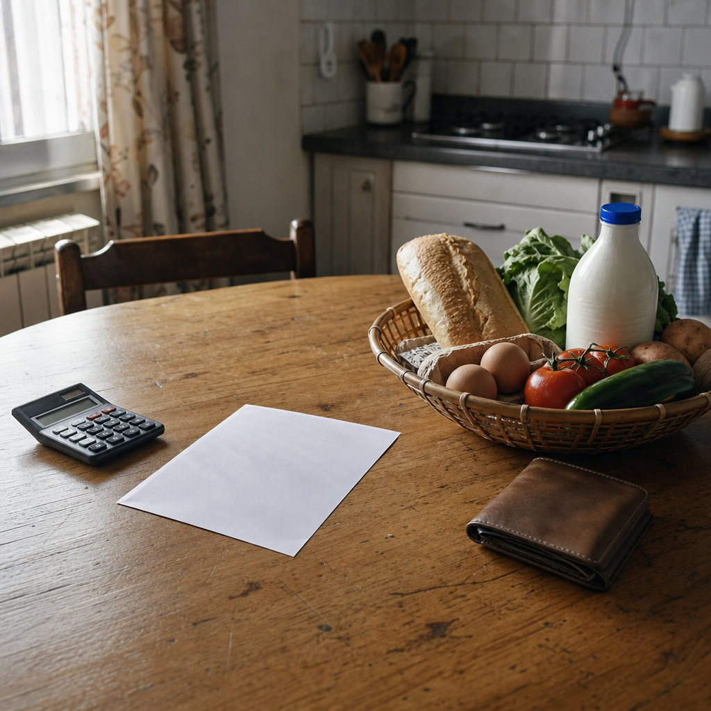 Mesa de cocina con compra cotidiana, cartera y calculadora para representar inflación y poder adquisitivo