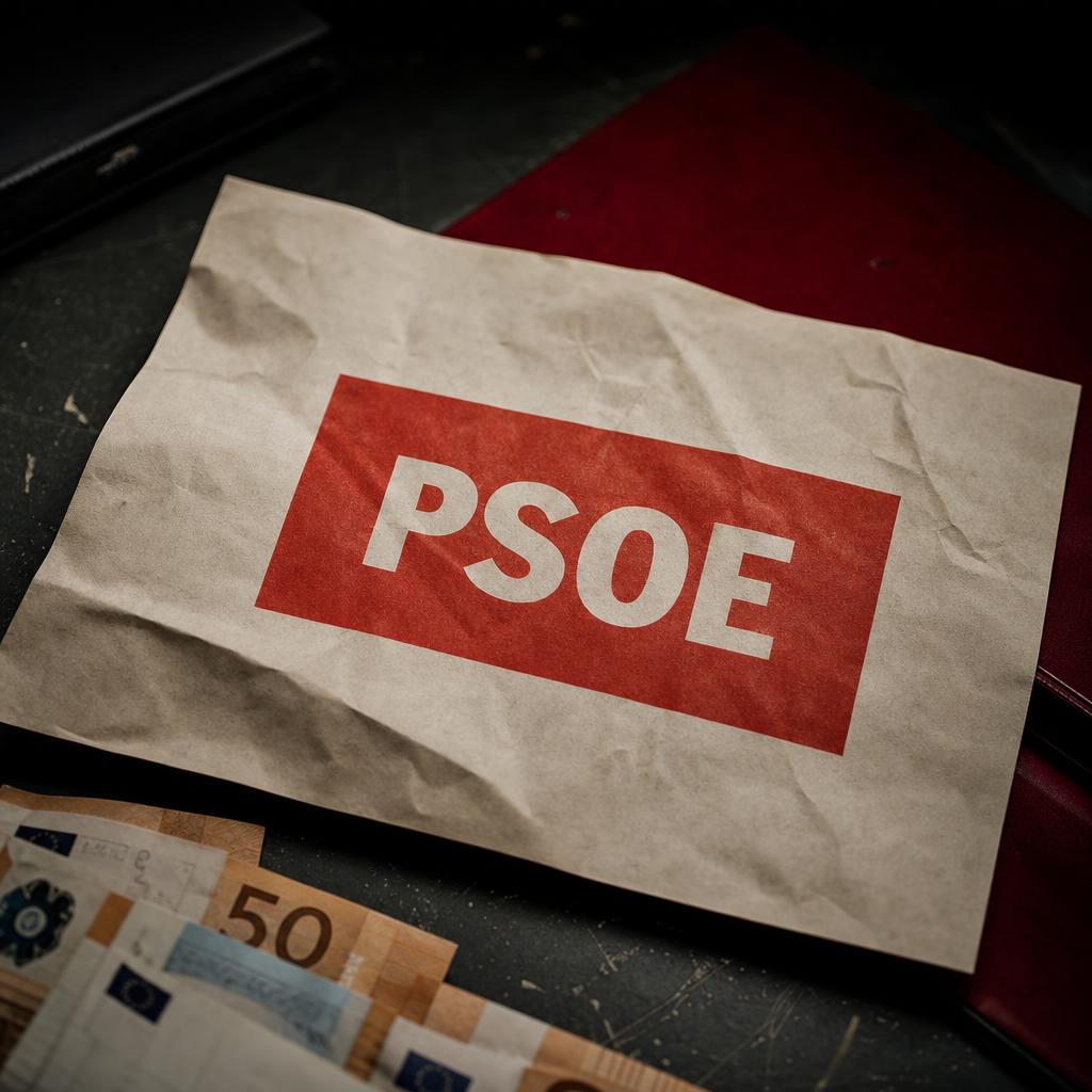 Logo del PSOE impreso sobre una mesa oscura con billetes en un ambiente editorial sobrio