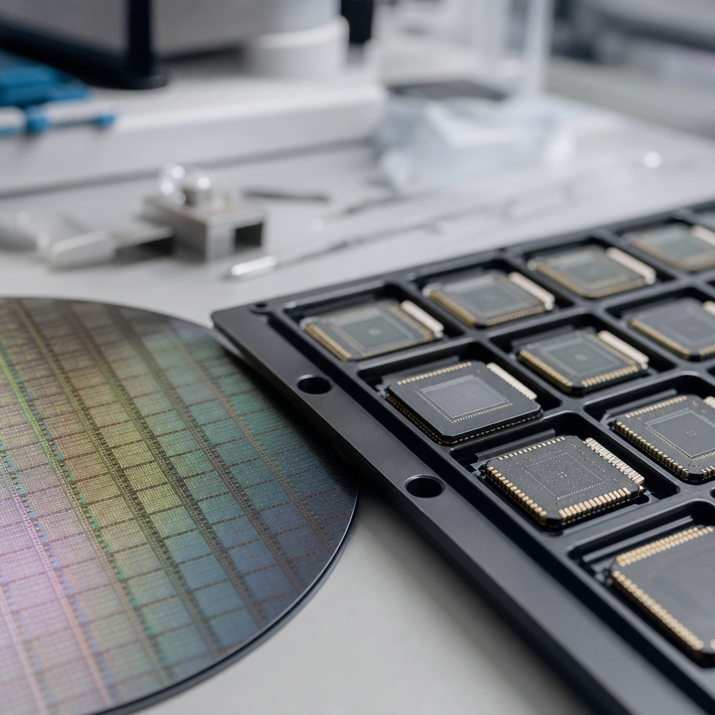 Banco de laboratorio con oblea y microchips para representar semiconductores e inteligencia artificial