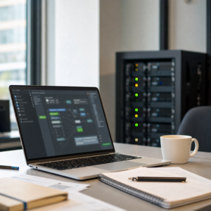 Mesa de trabajo con portátil y servidor desenfocado para representar tecnología e inteligencia artificial