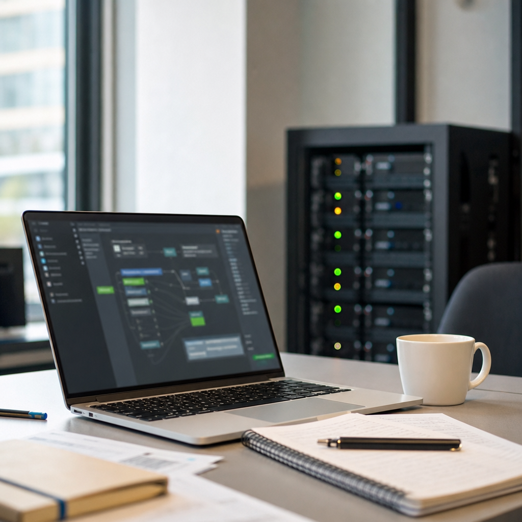 Mesa de trabajo con portátil y servidor desenfocado para representar tecnología e inteligencia artificial