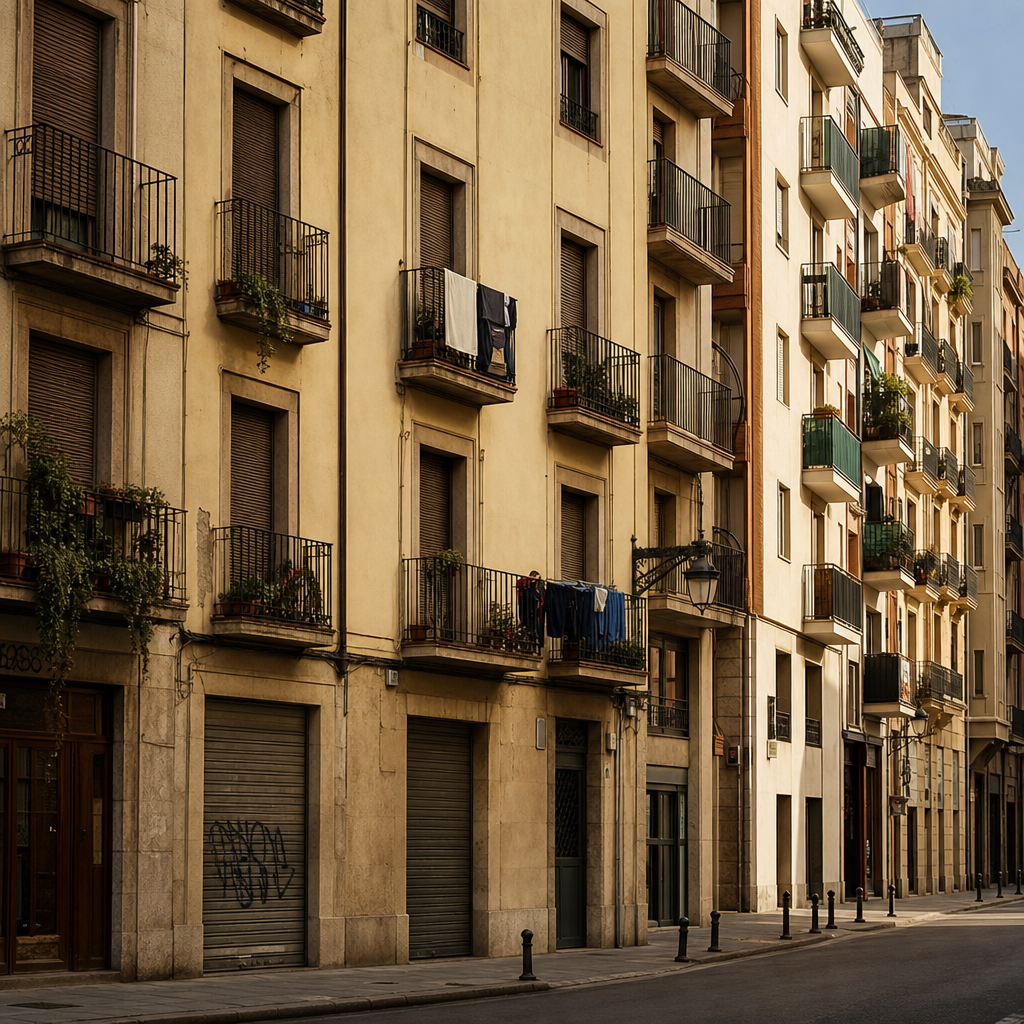 Edificios residenciales en una calle urbana española con persianas cerradas y balcones habitados