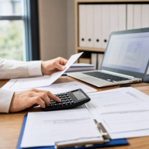 Manos revisando una nomina, contrato laboral y calculadora en una mesa de oficina