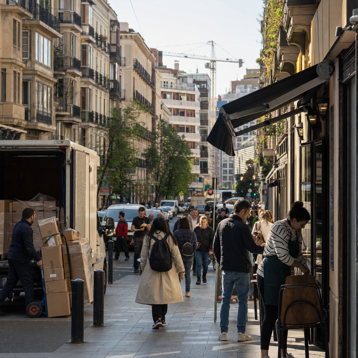 Calle española con comercios, trabajadores, viviendas y una grúa de construcción como imagen de crecimiento económico y presión urbana