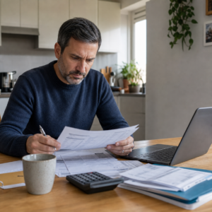 Trabajador revisando nóminas y documentos fiscales con un portátil y calculadora en casa