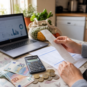 Persona revisando presupuesto doméstico con euros, calculadora y recibo de compra en una mesa de cocina