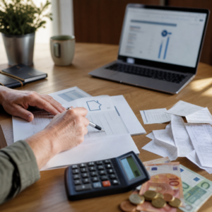 Persona revisando documentos bancarios, recibos, euros y calculadora en una mesa de trabajo