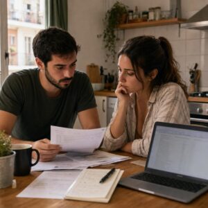 Dos jóvenes revisan documentos de alquiler y presupuesto doméstico en una vivienda urbana