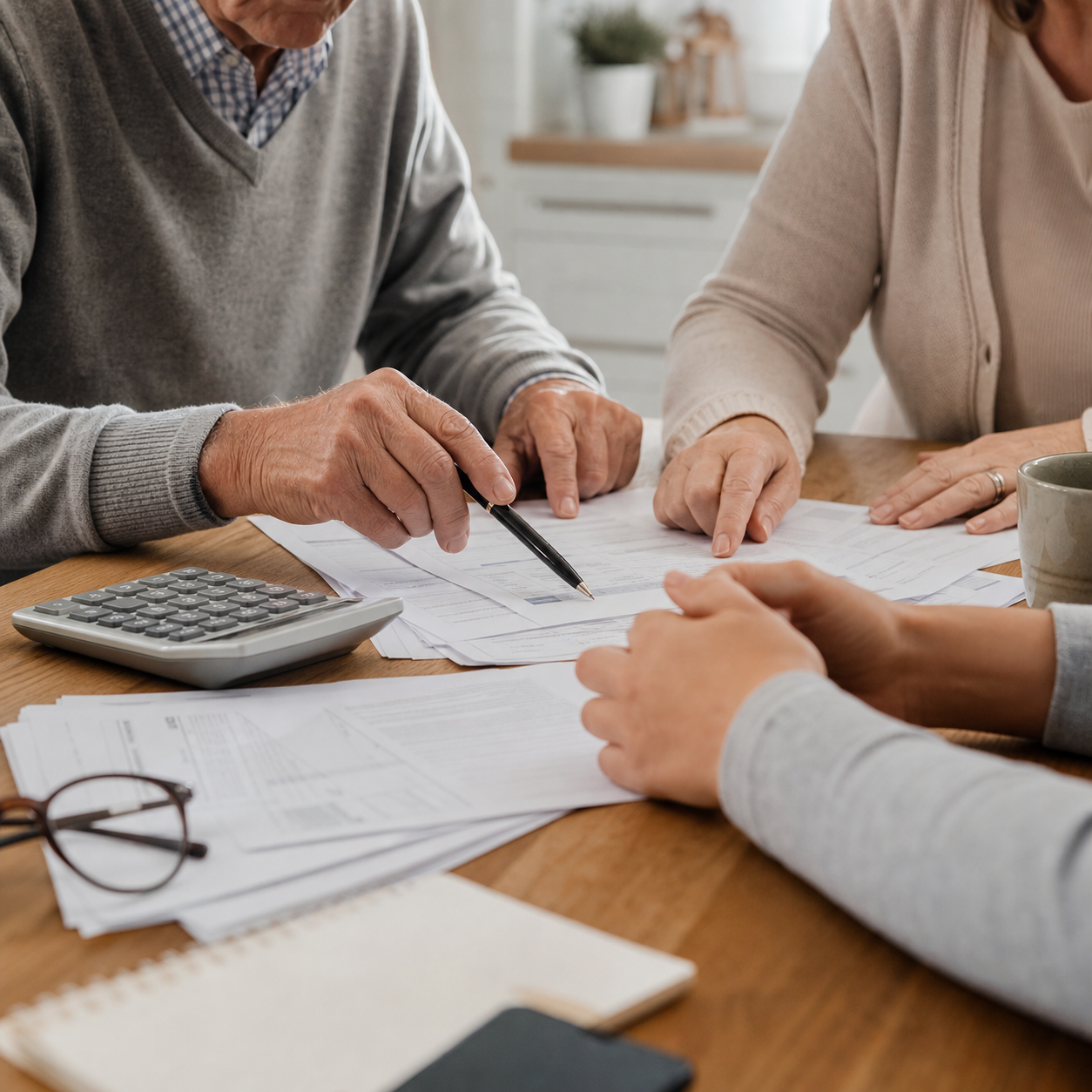 Familia revisando documentos de pensiones y cuentas domésticas