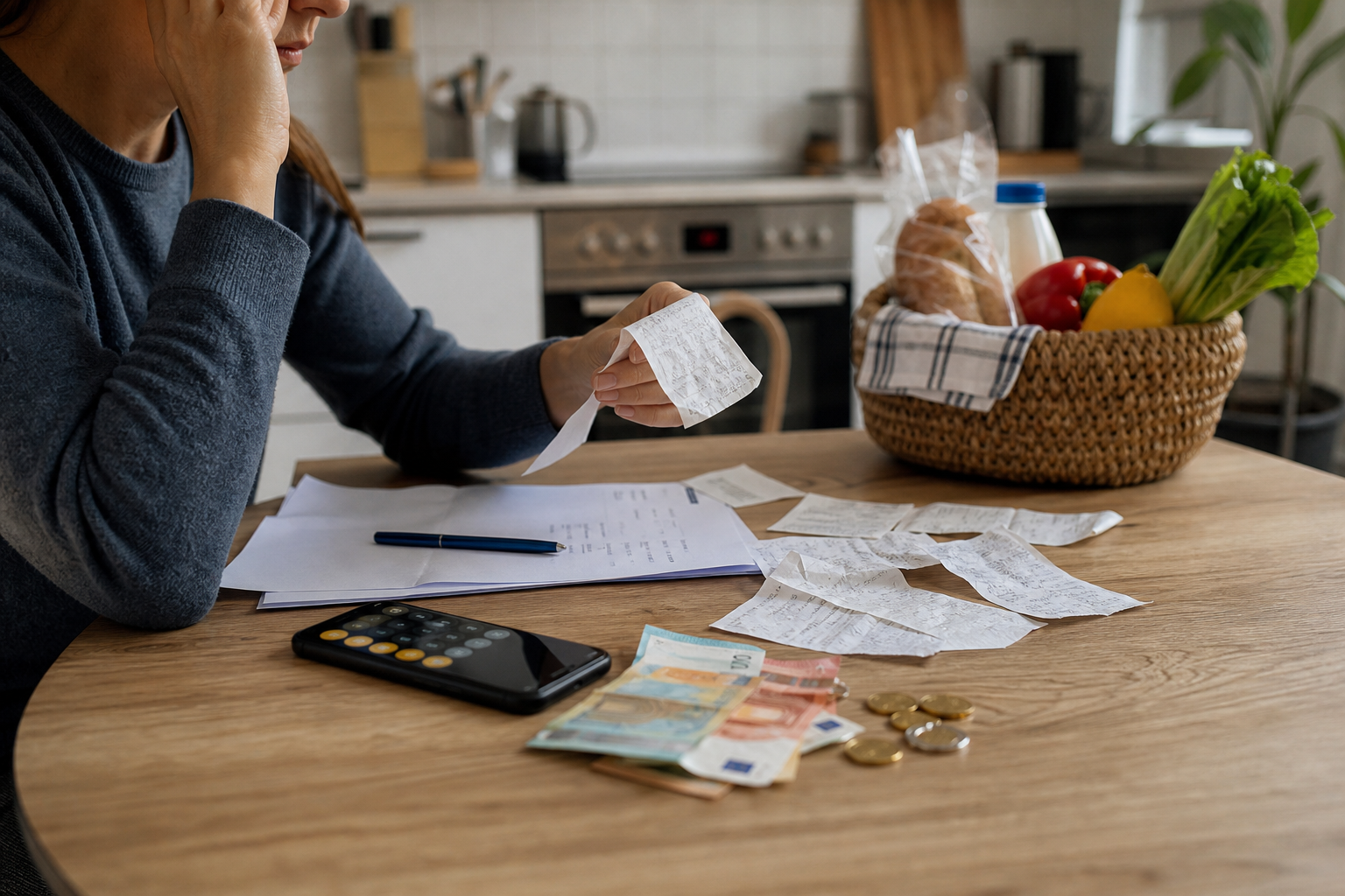 Persona revisando recibos, compra semanal, nomina y euros sobre una mesa de cocina