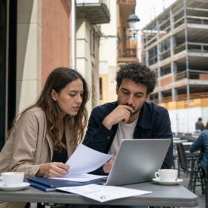 Dos jovenes revisan papeles de alquiler junto a una obra residencial en una ciudad espanola