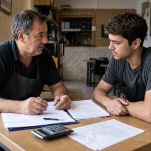 Empresaria y trabajador joven revisan un contrato y un horario en una cafeteria espanola