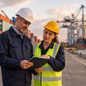 Dos trabajadores revisan documentos comerciales en un puerto con contenedores y un buque de carga