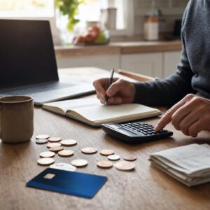 Persona revisando un presupuesto doméstico con calculadora, monedas y libreta en una mesa