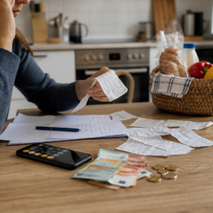 Persona revisando recibos, compra semanal, nomina y euros sobre una mesa de cocina