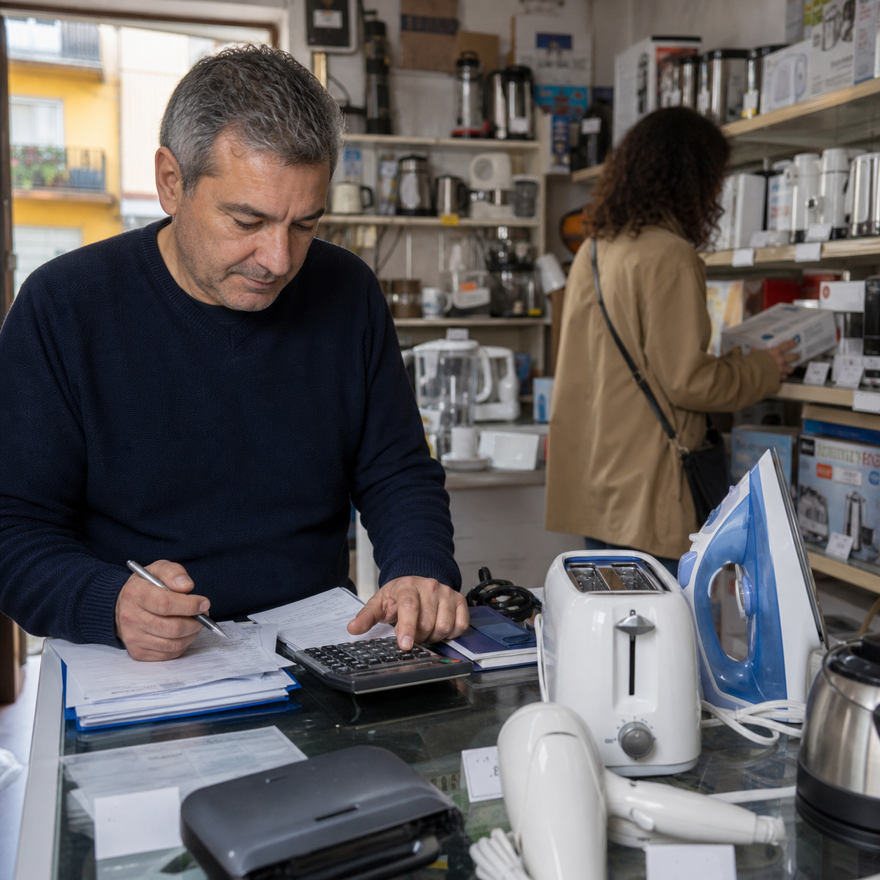 Comercio de electrónica con productos, facturas y calculadora en una mesa de trabajo