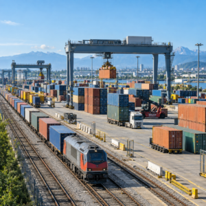 Terminal de mercancías con tren, contenedores y grúas