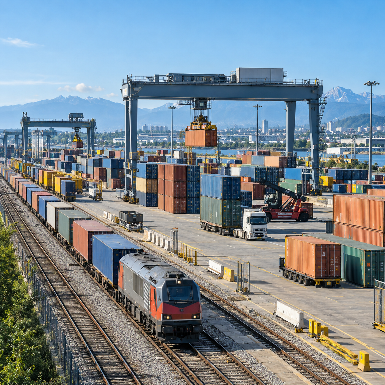 Terminal de mercancías con tren, contenedores y grúas