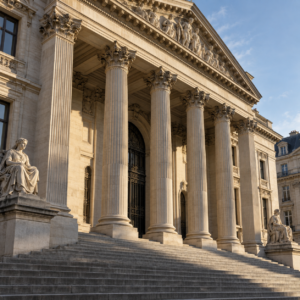 Fachada de un edificio institucional con columnas de piedra
