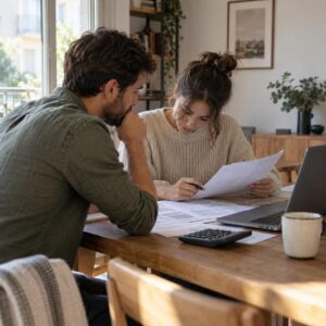 Pareja revisando documentos de una hipoteca variable con una calculadora en casa