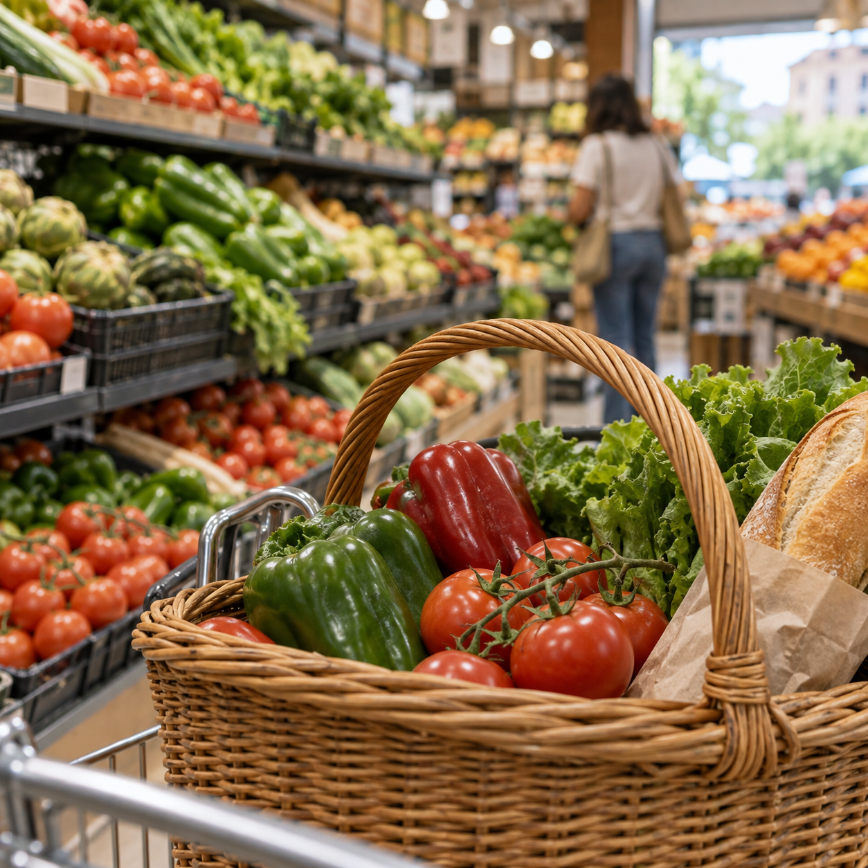 Cesta con verduras y pan en un comercio de alimentación
