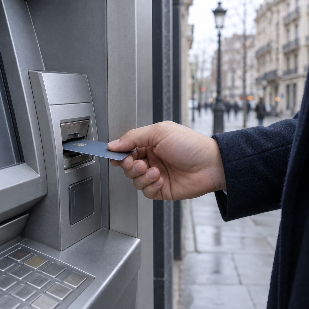 Persona utilizando una tarjeta en un cajero automático