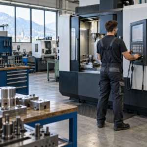 Trabajador ante una máquina de mecanizado en un taller
