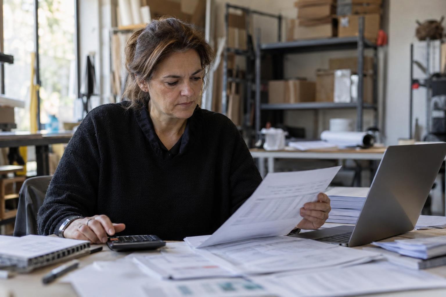 Gerente de una pequeña empresa revisando contratos y cuentas junto a una calculadora