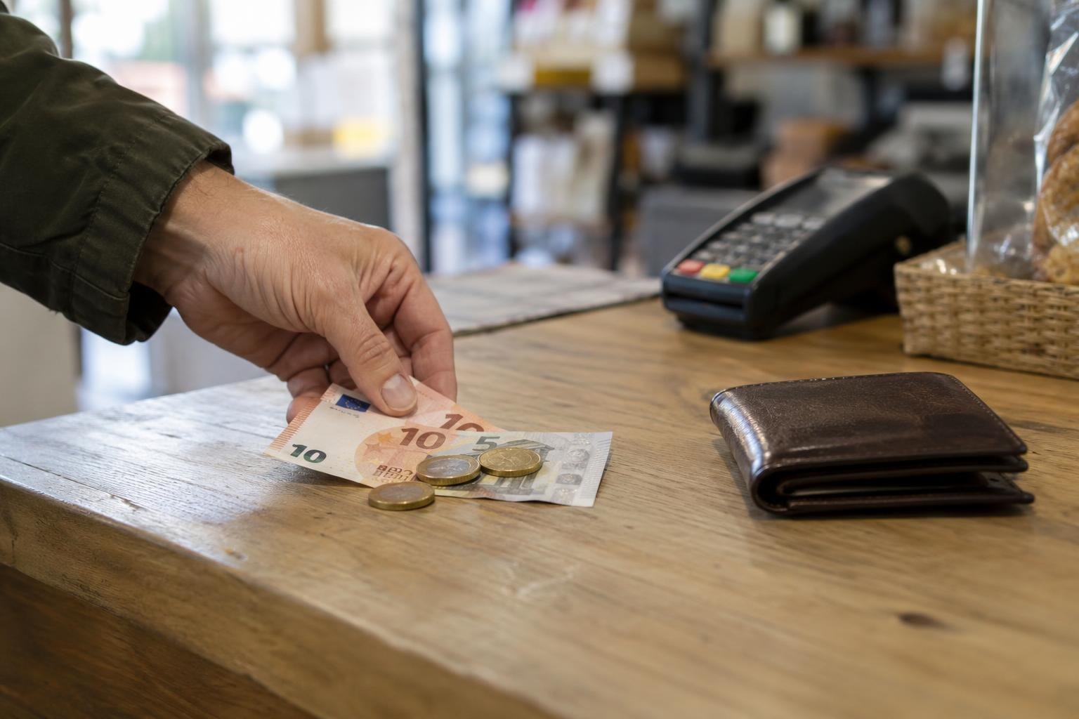 Una persona paga con billetes y monedas de euro en el mostrador de un comercio